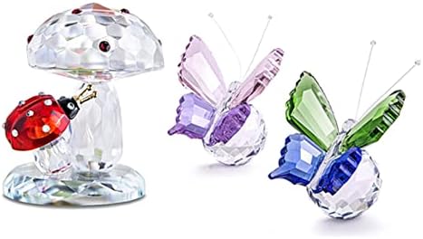 H&D HYALINE & DORA Mariquita de cristal en hongo y mariposa voladora de cristal con base de bola, figuras de animales de vidrio, regalos de boda