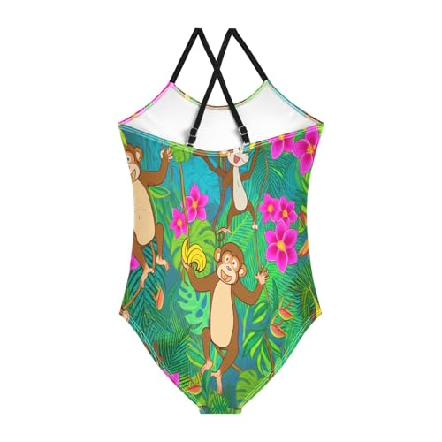 Toddler Girls Bathing Suits, Summer Beach Swimsuit Girls 3-10 Y, Playful Monkeys Jungle Green2