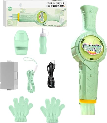 Varinha elétrica de bolhas de fumo manuseável | máquina automática recarregável USB com luvas mágicas garrafa recipiente acessórios | brinquedo exterior para meninos e meninas (verde)