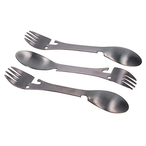 5 in 1 Camping Utensils,Tactical Spork Camping Spork Portable Flatware Stainless Steel Silverware Fork Spoon Bottle Opener Knife Can Opener Combo for Outdoor Picnic Hiking Fishing Backpacking