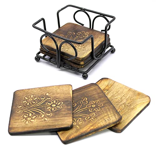 Stonkraft Wooden Tea Coffee Coasters / Rustic Vintage Look Coasters Set With Wrought Iron Holder #TOP4