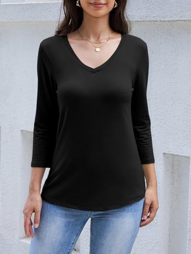 Womens V Neck 3/4 Sleeve T Shirts Basic Curved Hem Tunic Tops Casual Loose Fit Tees 20252