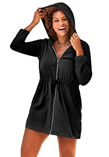 Swimsuits For All Women's French Terry Tie Waist Hoodie Cover Up - 18/20, Black (Plus