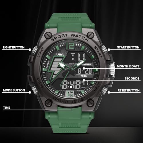Image of V2A Stryke 45mm Analog Digital Sports Watch for Men | Hybrid Layered Dial | Alarm Stopwatch Backlight Day Date | TPU Strap | 30M Water Resistant | Gift for Mens