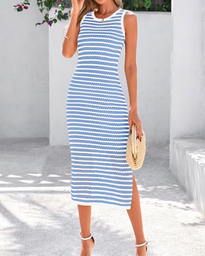 Image of Zenlonr Women's Sleeveless Summer Dresses 2025 Casual Crochet Knit Sundress Striped Long Tank Dress Beach Slip Dress