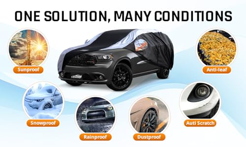 Image of Dodge Durango Car Cover Waterproof All Weather with Silver Strip Design, Custom Fit for Dodge Durango 2005-2025, Durango Accessory with Door Zipper & Windproof Straps