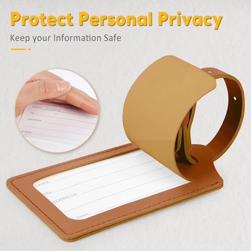 Image of Travelambo 4 Pack Leather Luggage Tags for Suitcases Travel Labels (Yellowish Brown)