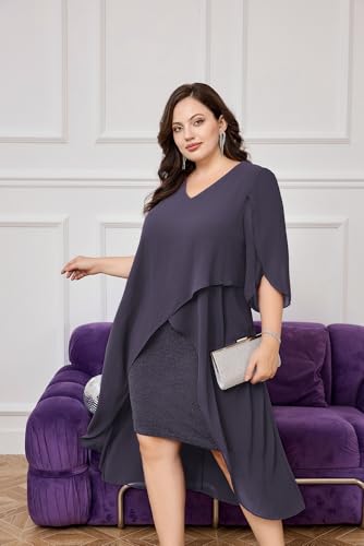 Image of Hanna Nikole Womens Plus Size Chiffon Cocktail Dress Ruffle 3 /4 Sleeve Wedding Guest Party Dresses with High Low Hem