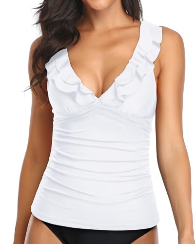 Image of Ruffle V Neck Tankini Top Only Women Tummy Control Swimsuit Tank Top | Removable cups for custom bust lift, Blend soft spandex to stretch easily