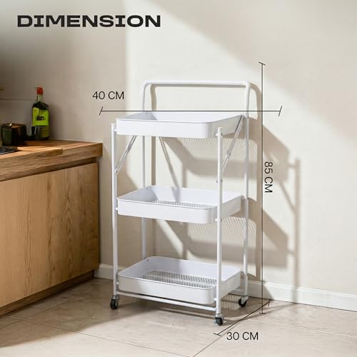 Image of Multipurpose Foldable Kitchen Storage Trolley with Handle | Heavy Metal 3-Tier Utility Cart for Storage | Portable Cart for Kitchen, Bedroom, Office | Kitchen Rack with Lockable Wheels (White)