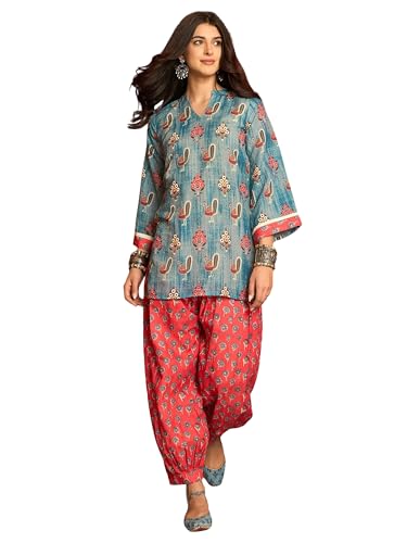Image of EthnicJunction Women's Linen Floral Print Summer Wear Straight Short Kurti with Afghani Pant Set | Co Ord Set for Women Stylish | Fusion wear Women