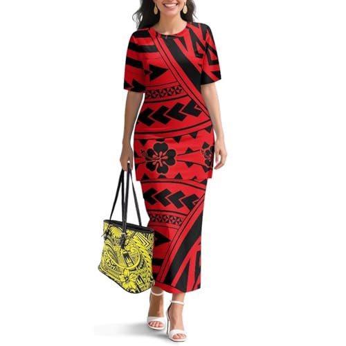 Image of Polynesian Dress for Women Short Sleeve High Waist Maxi Skirt | Puletasi dress, t-shirt and skirt two-piece, elastic material, lightweight, soft, plus size, luau party, wedding, clubwear