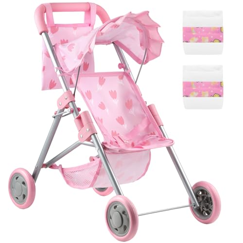 GAGAKU Puppenwagen für Babypuppen - Faltbarer Spielzeug-Buggy für Mädchen & Kinder ab 3 Jahren mit Speicherkorb & Tasche, Windeln - Accessoires für 45cm Reborn Baby, Tulip Pattern