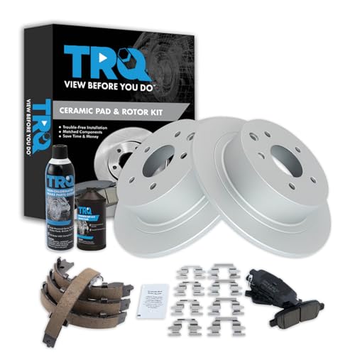 Image of TRQ Rear Brake Pad & Rotor Kit, with Chemical Kit Parking Brake Shoe Set Ceramic Premium G-Coated Compatible with 2002-2021 Nissan Altima 2004-2018 Maxima