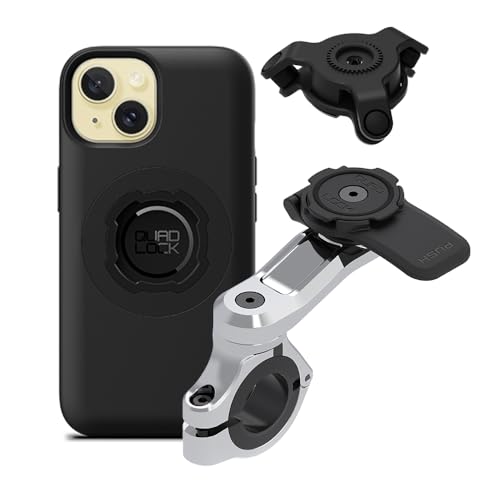 QUAD LOCK Lenker Handyhalterung PRO Chrom für Motorrad mit Vibrationsdämpfer und MAG Hülle für iPhone 15