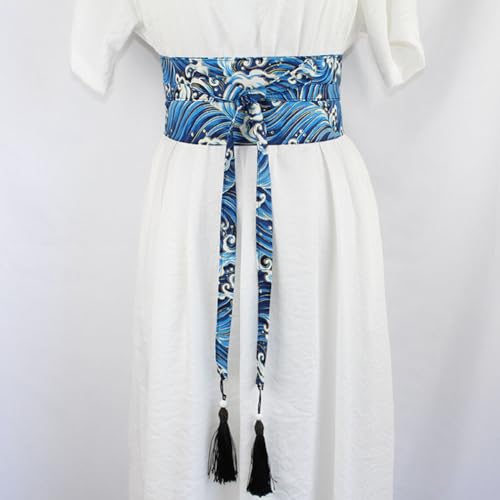 Wide Self Tie Wrap Around Belt Japanese Kimono OBI Print Waist Band Cinch Belt with Tassel for Women3