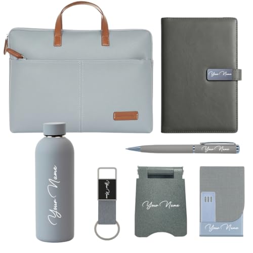 Image of Giftana 7 in 1 Laptop Bag with Personalized Diary & Pen, Keychain, Card Holder, Mobile Stand, Bottle 500ml, Customized Gift for Husband, Employee Welcome Kit, Corporate Gift for Employees (Grey)