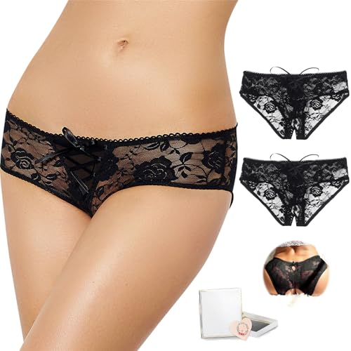 ohmydear Lace Knickers for Women Black Pack of 2 Sexy Underwear Sheer Criss Cross G-Strings Thongs Ladies Keyhole Panty Briefs UK 12-14 Gift Box