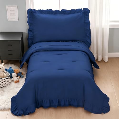 Image of Toddler Bedding Sets for Boys, 4 Piece Double Ruffles Soft and Breathable Toddler Comforter Set for Boys, Includes Quilted Comforter, Fitted Sheet, Flat Sheet and Pillowcase, Navy Blue