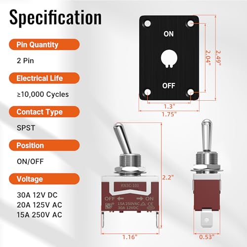 Image of RVBOATPAT Heavy Duty Waterproof Toggle Switch 12V DC 30A 2 Pin SPST ON /Off Toggle Switch with Mounting Panel for Marine Boat Automotive