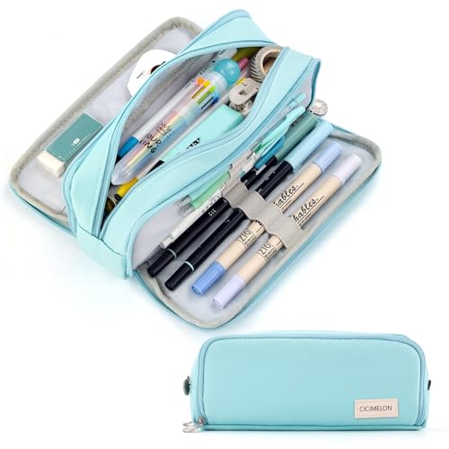 Estojo para lápis de grande capacidade CICICIMELON com 3 compartimentos, bolsa para lápis de presente para estudantes, meninas, adultos e mulheres (azul claro)