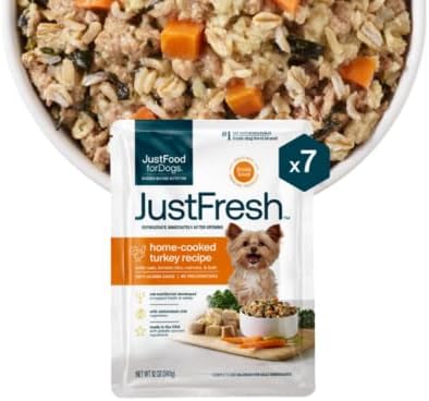 JustFoodForDogs JustFresh Wet Dog Food, Fresh Pet Meals and Toppers with No Preservatives, Resealable Package, Human Grade, Home-Cooked Turkey, 12 oz – 7 Pack