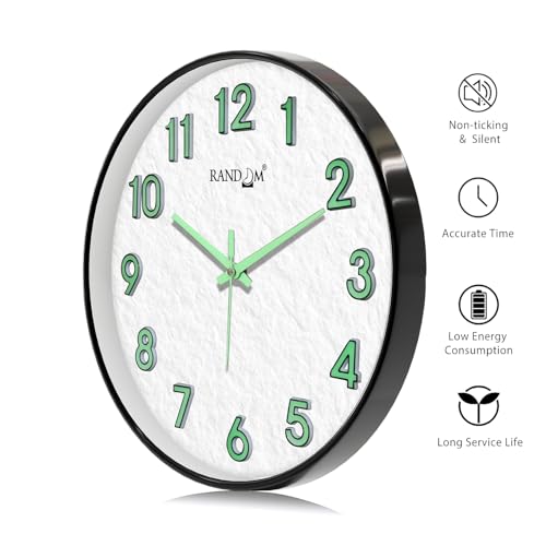 Image of RANDOM Modern 12.75INCH Wall Clock with 3D Radium Numbers, Silent Non-Ticking, Premium Black Frame, Metallic Face, Ultra Clear Glass