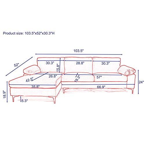 Blue Sectional Sofa W/Lounger Chaise,JULYFOX Overstuffed Left Hand 3 Seater Velvet Fabric Couch L-Shaped Extra Wide Pillow Armrest 42.5 in Longer Lounger Chaise for Small Spaces - Thumbnail 7