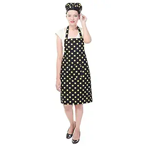 Switchon Polka Prints Free Size Waterproof Cotton Apron,Black Yellow,23 In x 30 in