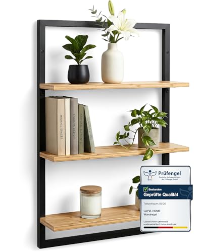 LAYVL HOME Wandregal Bambus mit schwarzen Metallrahmen 75x50x15cm hängendes Regal mit modernem Design Metall Holz Wand Schweberegal Regalwand Möbel für Wohnzimmer Küche und Bad (Naturbeige)