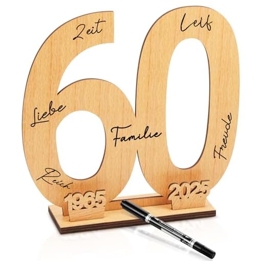 Patelai Libro de Visitas de Letrero de Madera Libro de Firma de Años de Recuerdo de Número de Madera Independiente de Cumpleaños Placa de Signo de Número de Año Independiente con Pluma (Número 60)