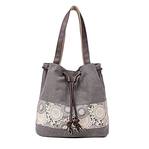 Image of Women Shoulder Bag Canvas Tote Bag Retro Drawstring Bucket Bag Ladies
