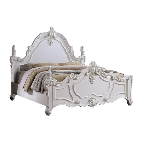 Benjara Frank Queen Size Bed Carved Details Finial Posts Classic White Solid Wood
