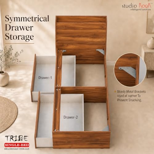 Image of Studio Kook Tribe Headboard Storage Engineered Wood Single Bed with Drawers (Amber Walnut, Left Side Drawer)