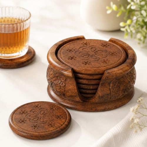 Image of Beautifully Handcrafted Wooden Coaster Set with Decorative Holder | Drink Coasters for Tea, Coffee Mugs & Bar Glasses | Authentic Indian Handicraft
