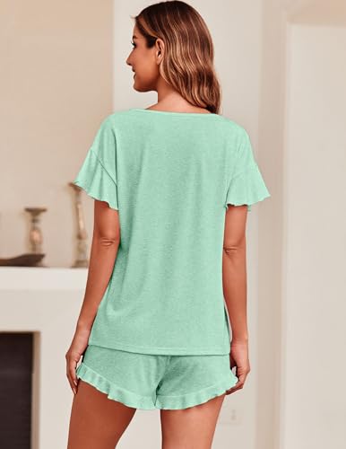 Image of Ekouaer Women's Pajama Set Ruffle Sleeves Top and Short Soft 2 Piece Loungewear Set