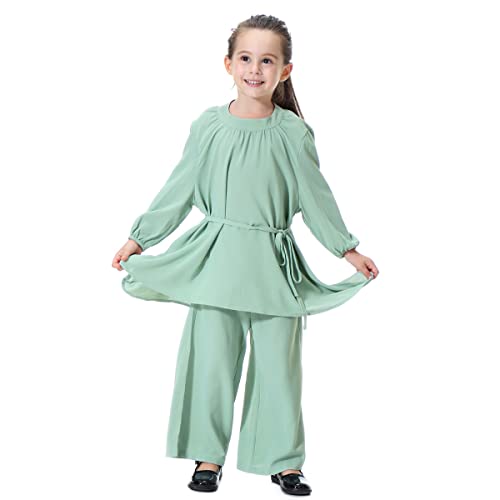 ODIZLI Kids Girls Muslim Islamic Two-piece Outfits Long Sleeve Ruffle Top and Loose Wide Leg Pants Arabic Outfits