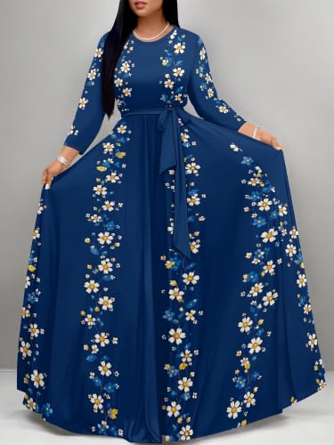 Image of Women Plus Size Long Sleeve V Neck Maxi Dress with Belt | Soft fabric relaxed fit three quarter sleeve v neck with pockets for party and daily wear