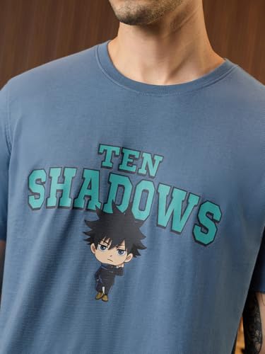 Image of The Souled Store Jujutsu Kaisen: Satoru Gojo Men and Boys Short Sleeves Round Neck Purple Graphic Printed Cotton Oversized Drop Shoulder Anime Streetwear Casual T-Shirts