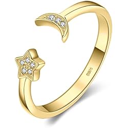 Anillos Dorados Baratos JewelryPalace Ajustable Luna y Estrella Anillo Mujer Plata de Ley 925 Oro 14k, Anillo Abierto Sencillo Lindo Circonita, Anillo Niña Elegante Piedra Preciosa, Regalo Anillo Promesa Joyas de Mujer