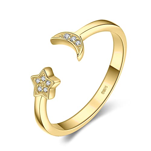 JewelryPalace Anillo Ajustable Luna y Estrella Mujer Plata de Ley 925 Oro 14k, Abierto Sencillo Lindo Circonita, Elegante Piedra Preciosa, Regalo Promesa Joyas de Mujer
