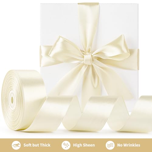 Image of Mauproy 1-1 /2 Inch Wide Ivory Satin Ribbon, 50 Yards Solid Polyester Fabric Ribbon for Roses Making, Gift Wrapping, Flower Bouquets, Wedding Decorations, Handmade Crafts