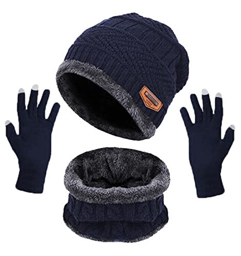 EUDOLAH Bonnet Tricoté Écharpe avec Gants avec Doublure Polaire Gants pour écran Tactile Unisex Trois pièces de Chaleur en Hiver Outdoor Camping Patinage Course à Pied (Taille Unique,Bleu Marine) Cover