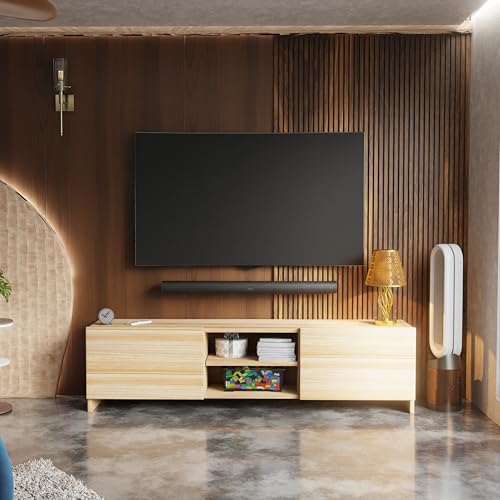 Image of Modern Living Room TV Stand with Open Display Compartment, Dual Side Storage Units, and Clean Contemporary Design for Home Decor | Assembly-DIY | Color-Asian Light