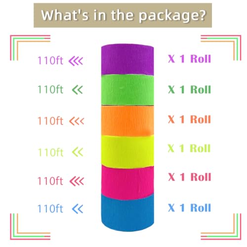Image of 660ft Glow in the Dark Party Supplies and Decorations Neon Party Streamer Decorations 6 Rolls Glow Crepe Paper UV Reactive Fluorescent Neon Paper Party Streamers for Wedding, Birthday,Blacklight Party