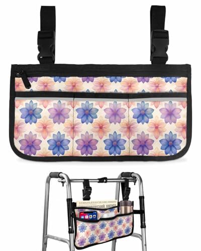 Anzona Pink Purple Blue Flowers Wheelchair Side Bag Walker Bag, Rustic Floral Botanical Wheelchair Accessories Armrest Pouch, Organizer Storage Bag for Walkers, Rollators, Scooters, 7.3''x13''