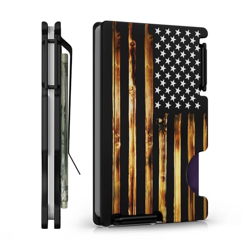 Minimalist Wallet for Men, Wood Grain American Flag, Mens USA Gifts, Metal Card Holder with Money Clip, Slim Front Pocket Wallet