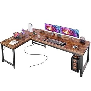 Huuger 63 Inch L Shaped Desk with Power Outlets and USB-C Port, 0.95 Inch Thicker Desktop, Reversible Computer Desk, Larger Office Corner Gaming Desk, Metal Frame, for Home Office, Study, Rustic Brown