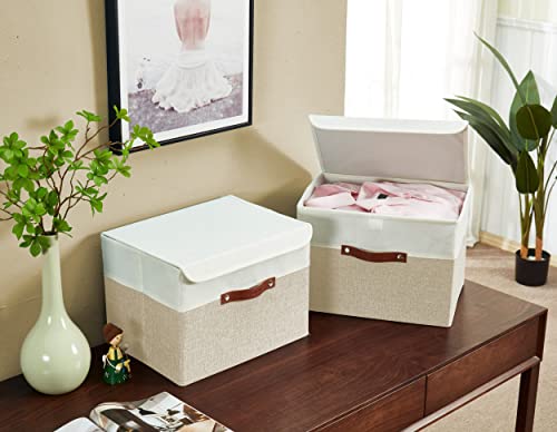 Decomomo Foldable Storage Bin With Lids [3-Pack] Collapsible Sturdy Cationic Fabric Storage Basket Box Container W/Handles For Organizing Shelf Nursery Linen (Beige And White, 15 X 11 X 11” – 3 Pack) #TOP7