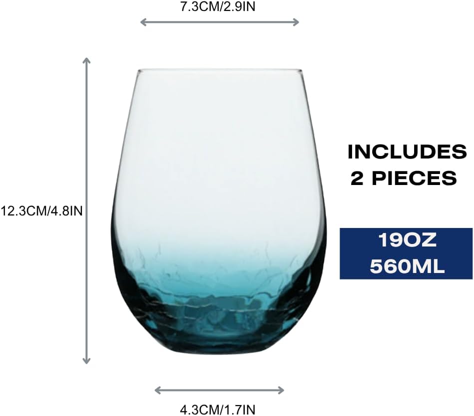 560ml/19oZ Crackle Blue Gradient Stemless Wine Glasses – Hand Blowing Cracked Ice Design, Large Capacity for Wiskey for Home Bar, Parties & Gifts (19, ounces)